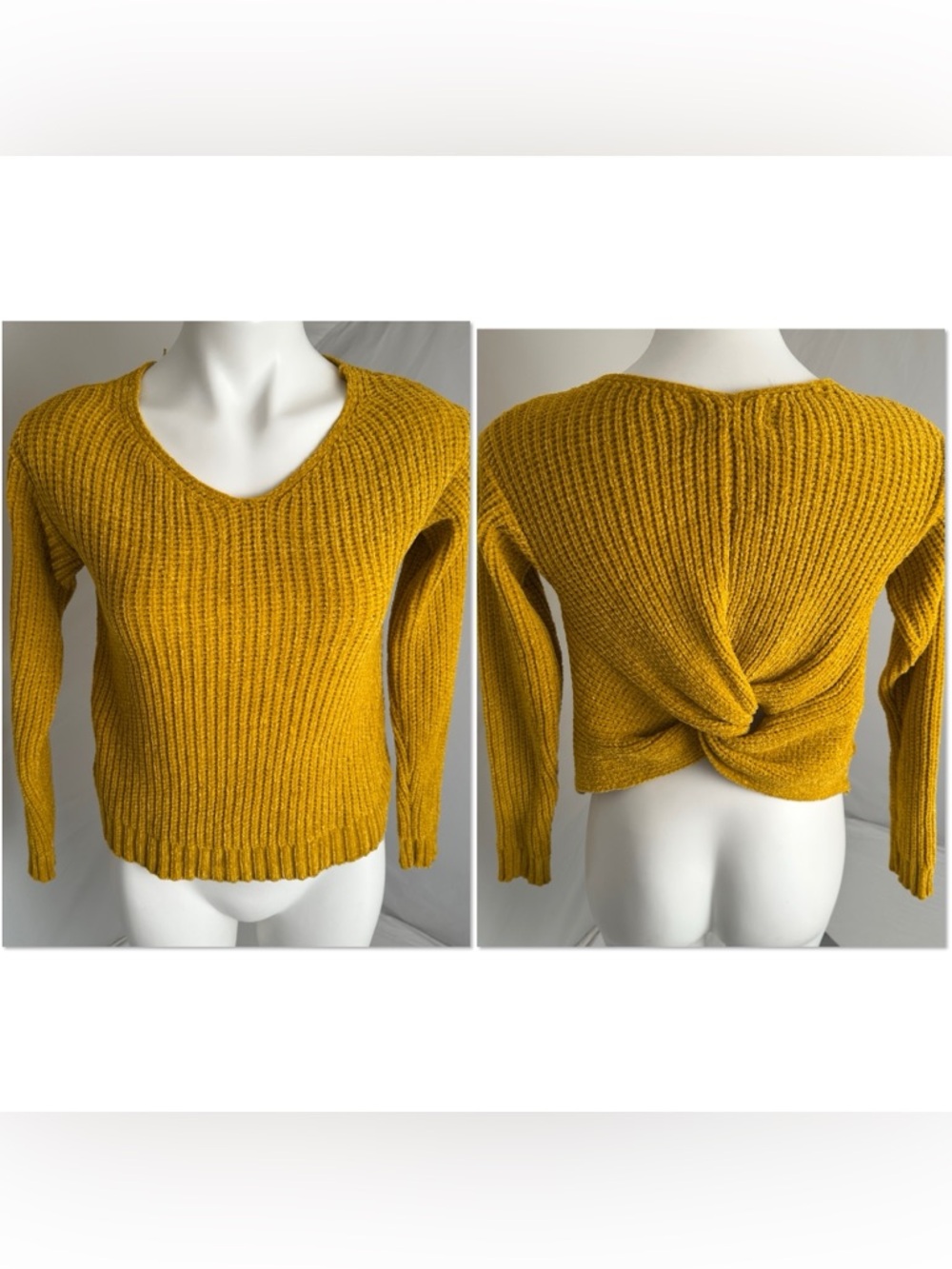 Poof Apparel mustard chenille v-neck twist back long sleeve sweater